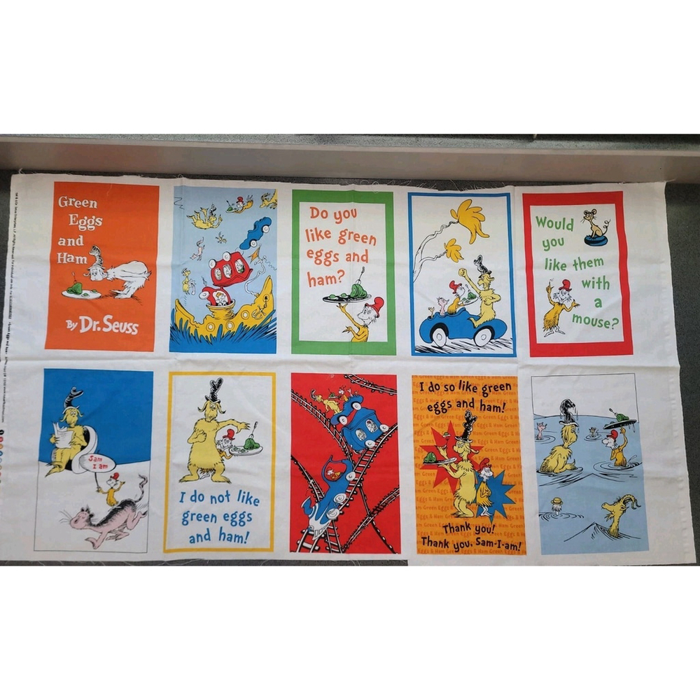 Dr Seuss Robert Kaufman Cotton Fabric Panel Green Eggs & Ham 41in x 23in NEW